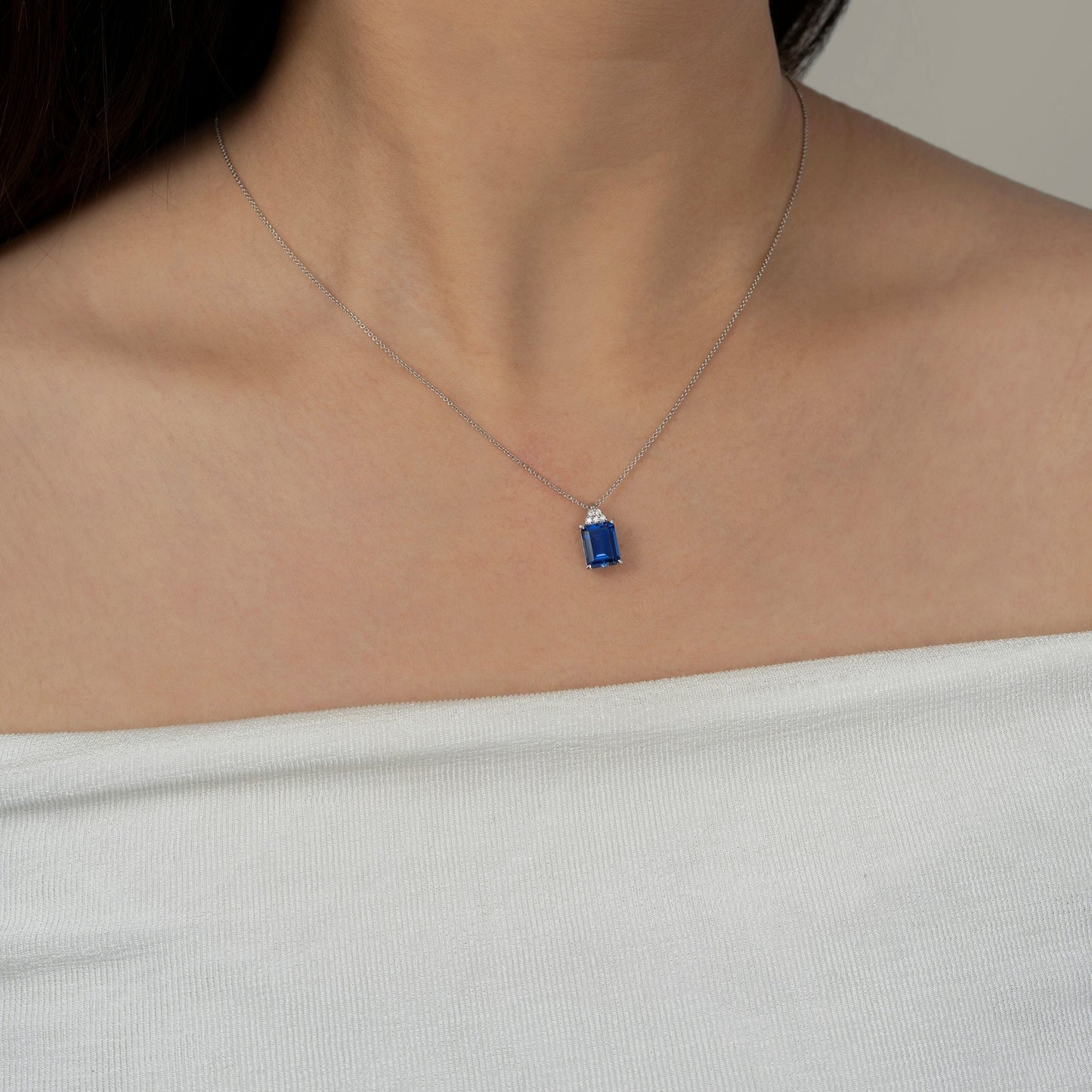 Emerald Cut Created Sapphire With Lab Grown Diamond Accent Octagon Pendant Necklace