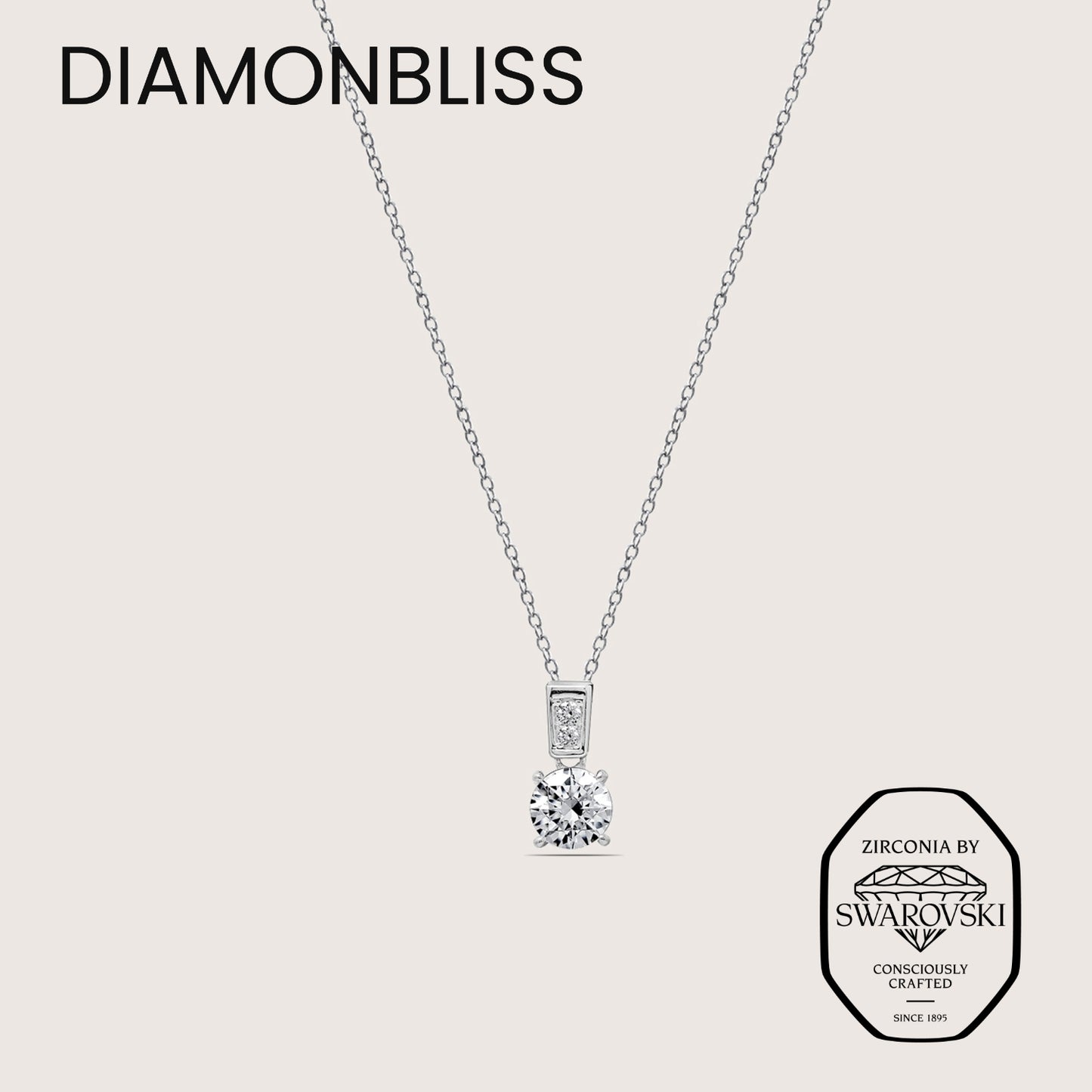 DIAMONBLISS Silver-tone Brass Round cut Solitiare Drop Pendant Necklace| Embellished with Swarovski® Zirconia| 1.5 cttws