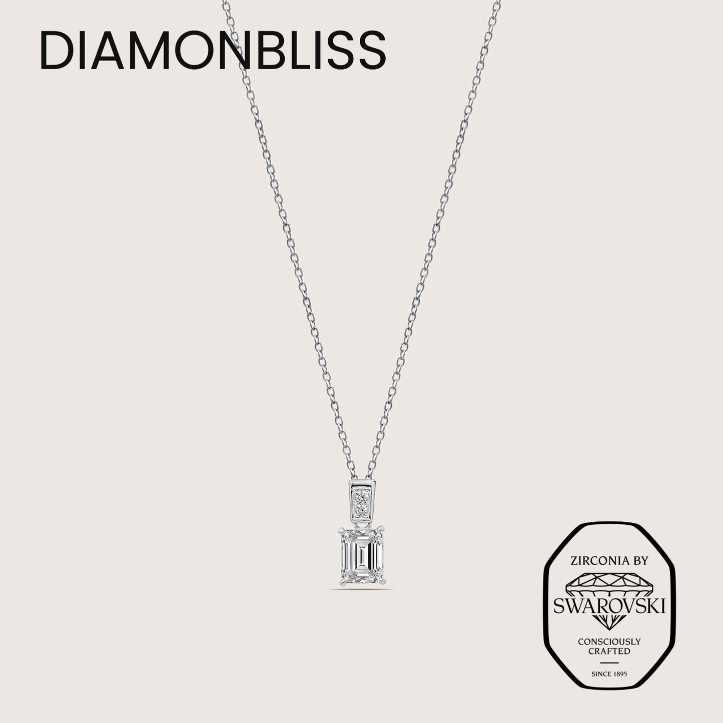 DIAMONBLISS Silver-tone Brass Emerald cut Solitiare Drop Pendant Necklace| Embellished with Swarovski® Zirconia| 1.5 cttws
