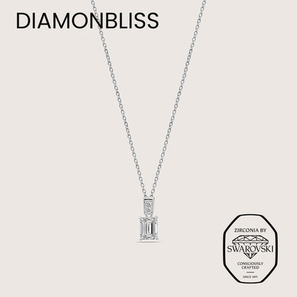 DIAMONBLISS Silver-tone Brass Emerald cut Solitiare Drop Pendant Necklace| Embellished with Swarovski® Zirconia| 1.5 cttws