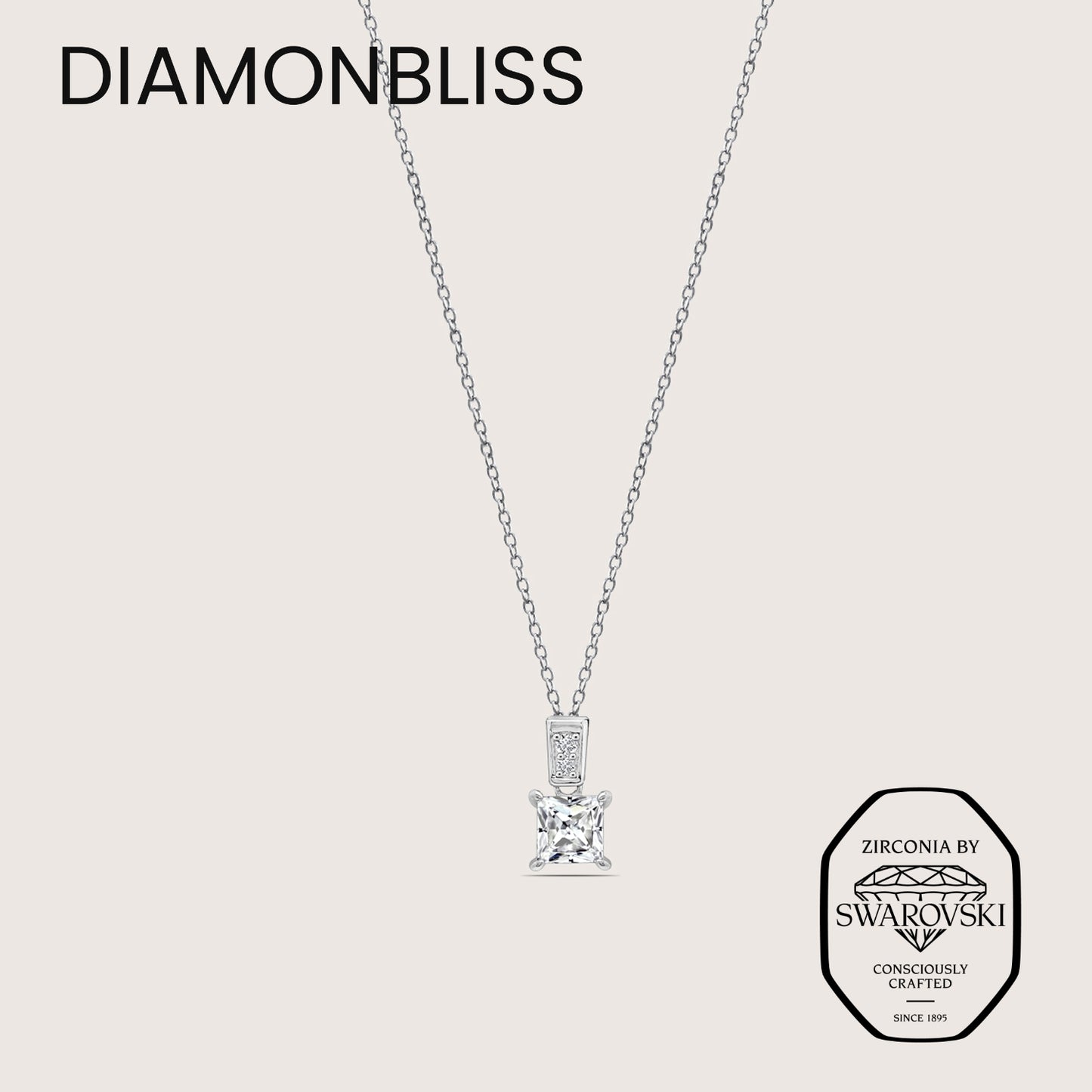 DIAMONBLISS Silver-tone Brass Princess cut Solitiare Drop Pendant Necklace| Embellished with Swarovski® Zirconia| 1.5 cttws