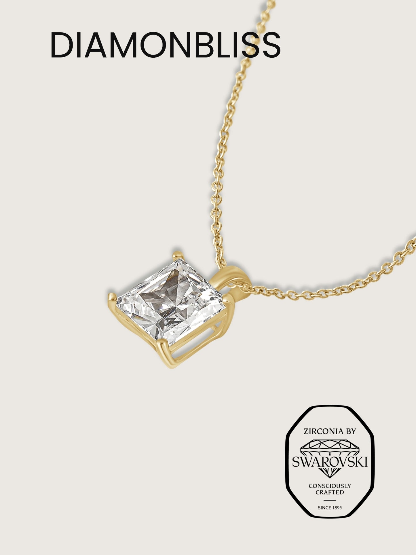Diamonbliss Yellow Gold Plated Sterling Silver Solitaire Princess cut Pendant Necklace| Embellished with Swarovski® Zirconia|1 cttw