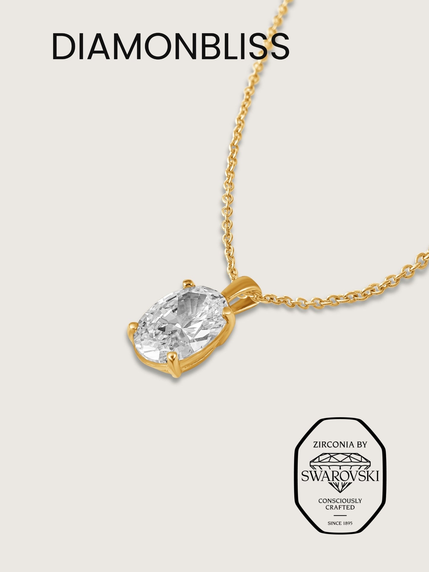 Diamonbliss Yellow Gold Plated Sterling Silver Solitaire Oval cut Pendant Necklace| Embellished with Swarovski® Zirconia|1 cttw