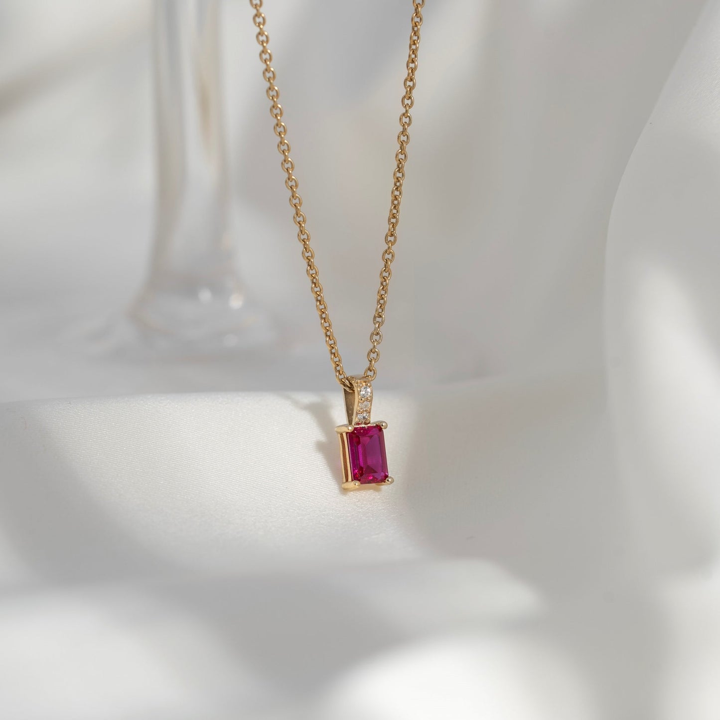 Emerald Cut Created Ruby With Lab Grown Diamond Accent Vertical Bar Pendant Necklace