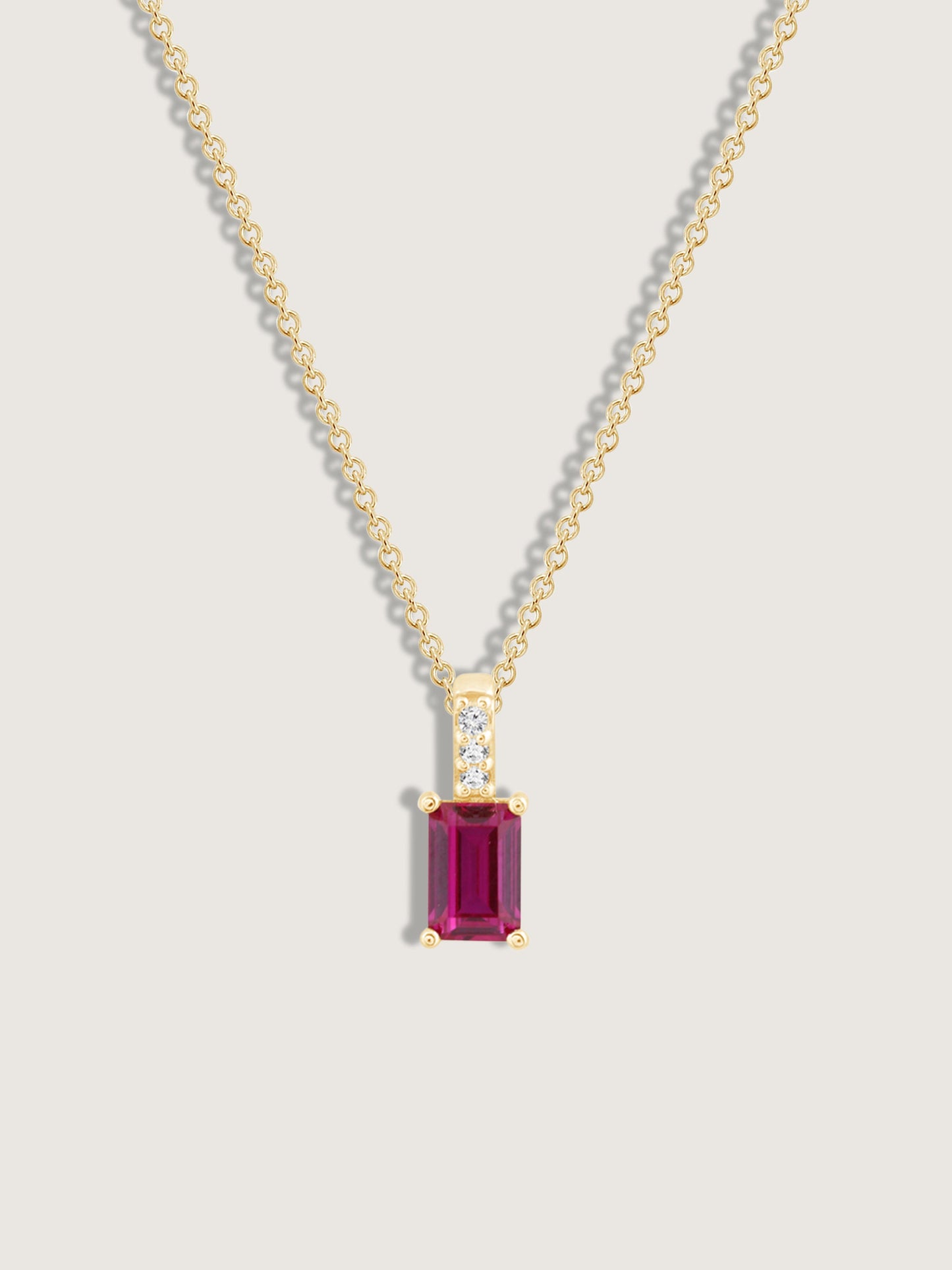 Emerald Cut Created Ruby With Lab Grown Diamond Accent Vertical Bar Pendant Necklace
