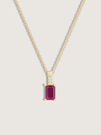 Emerald Cut Created Ruby With Lab Grown Diamond Accent Vertical Bar Pendant Necklace