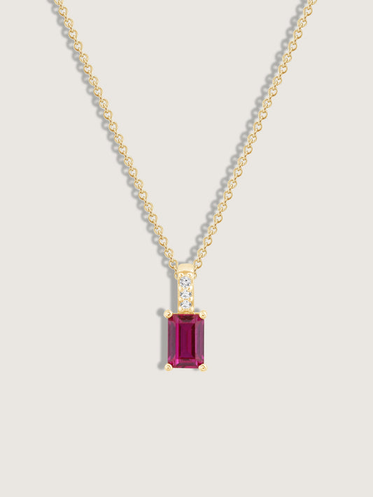 Emerald Cut Created Ruby With Lab Grown Diamond Accent Vertical Bar Pendant Necklace