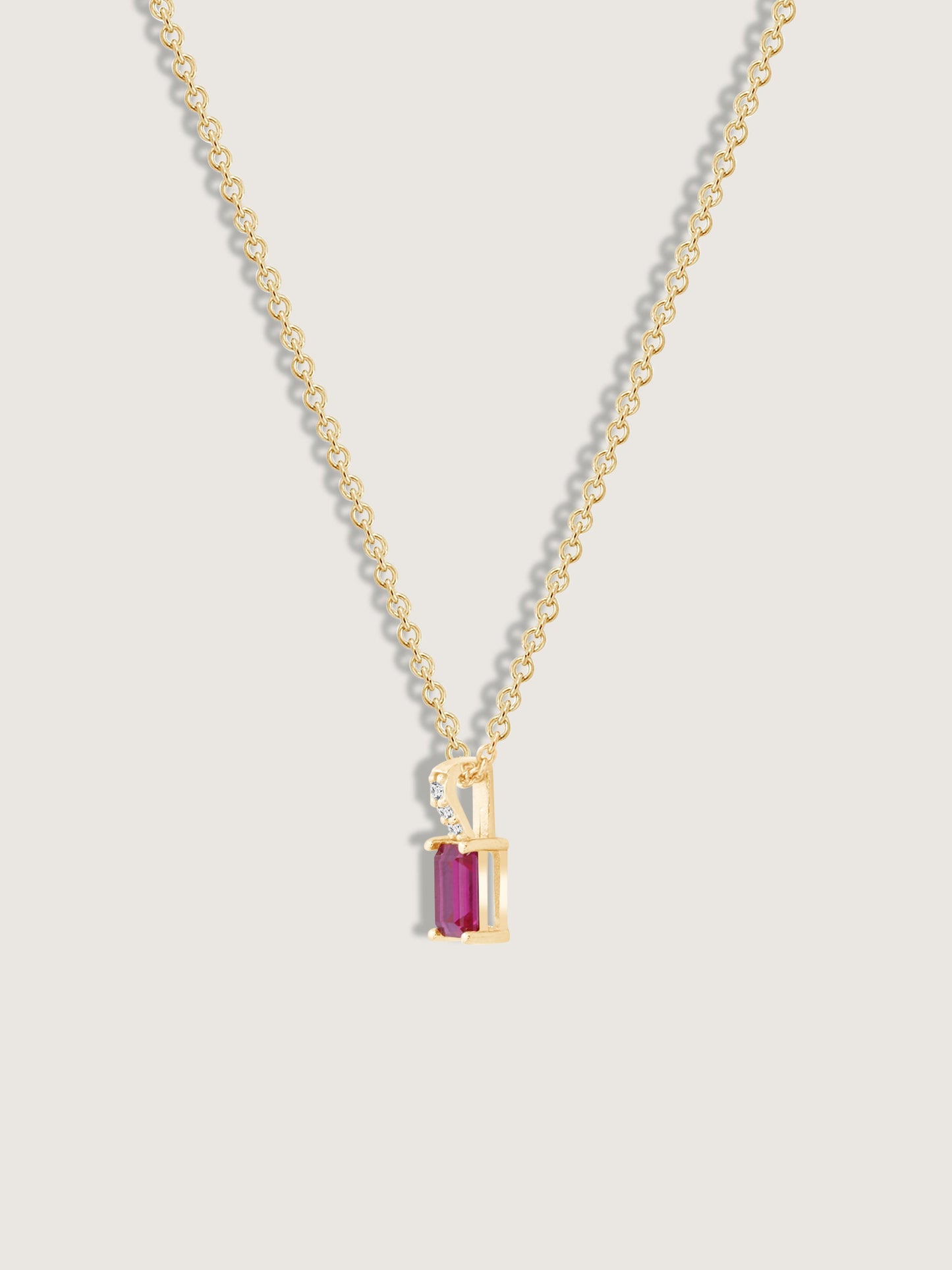 Emerald Cut Created Ruby With Lab Grown Diamond Accent Vertical Bar Pendant Necklace