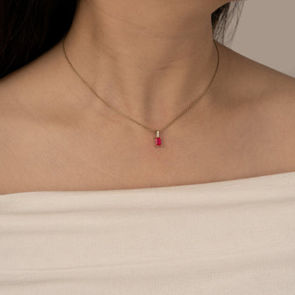 Emerald Cut Created Ruby With Lab Grown Diamond Accent Vertical Bar Pendant Necklace