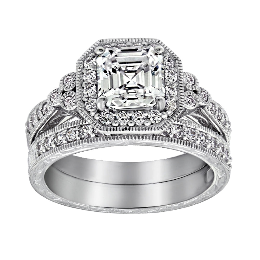 Asscher Cut Halo Vintage Wedding Set