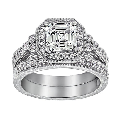 Asscher Cut Halo Vintage Wedding Set