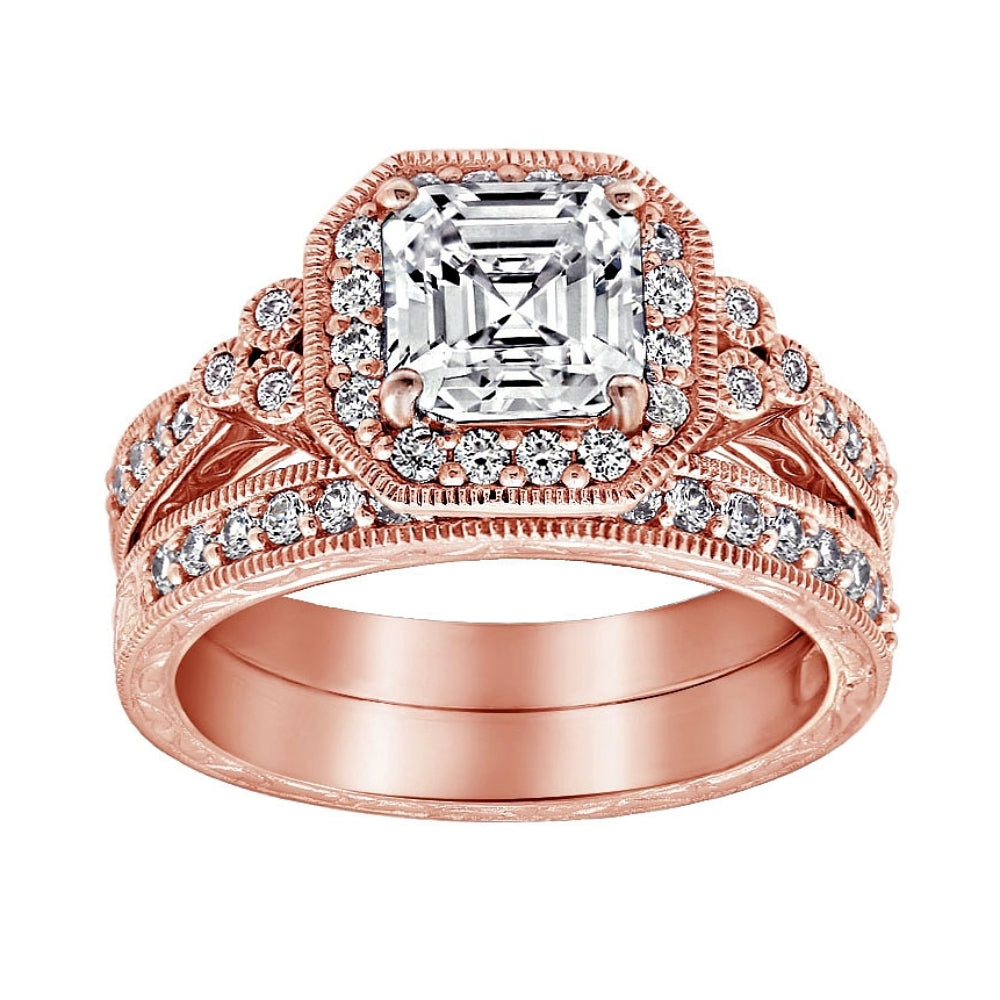 Asscher Cut Halo Vintage Wedding Set