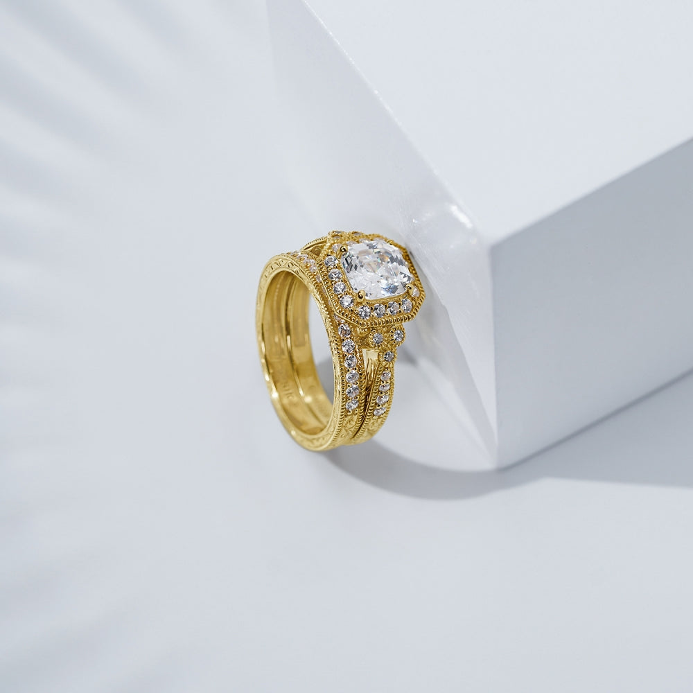 Asscher Cut Halo Vintage Wedding Set