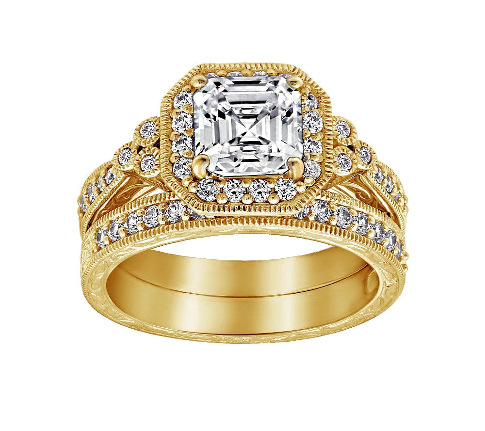 Asscher Cut Halo Vintage Wedding Set