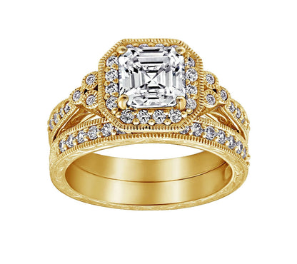 Asscher Cut Halo Vintage Wedding Set
