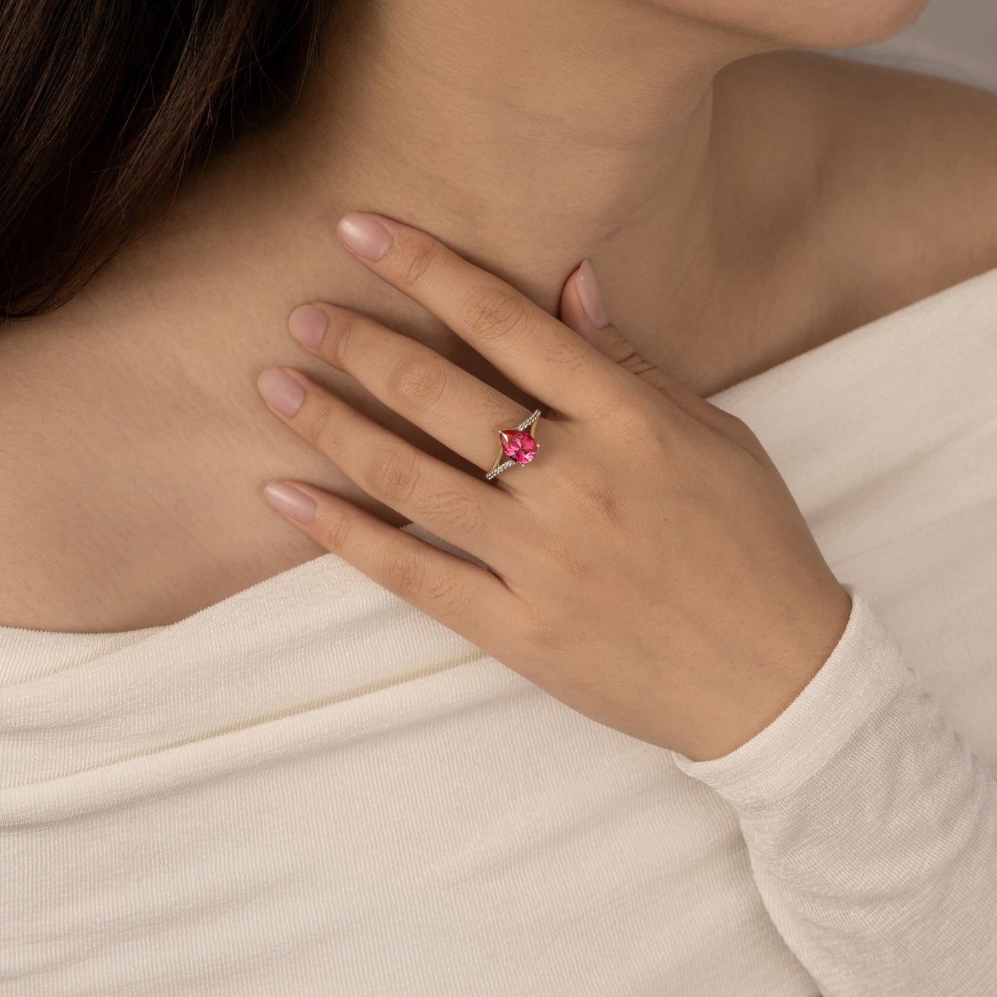 Pear Cut Created Ruby With Lab Grown Diamond Accent Ring