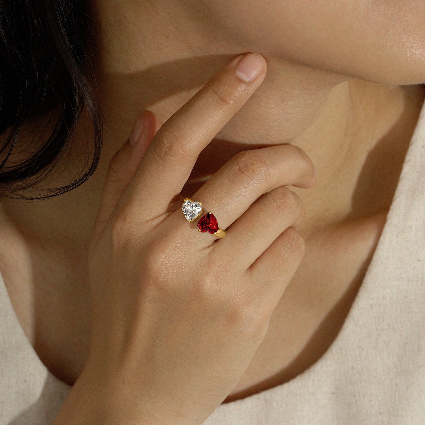 DIAMONBLISS Marilyn Red Ruby and CZ Open Heart Ring
