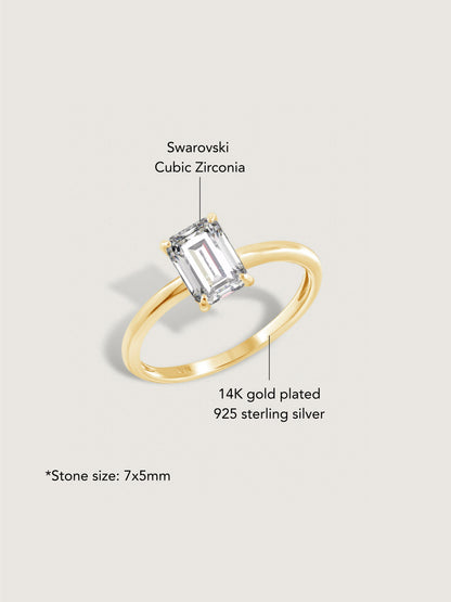 Diamonbliss Yellow Gold Plated Sterling Silver Solitaire Emerald cut Ring| 1 cttw