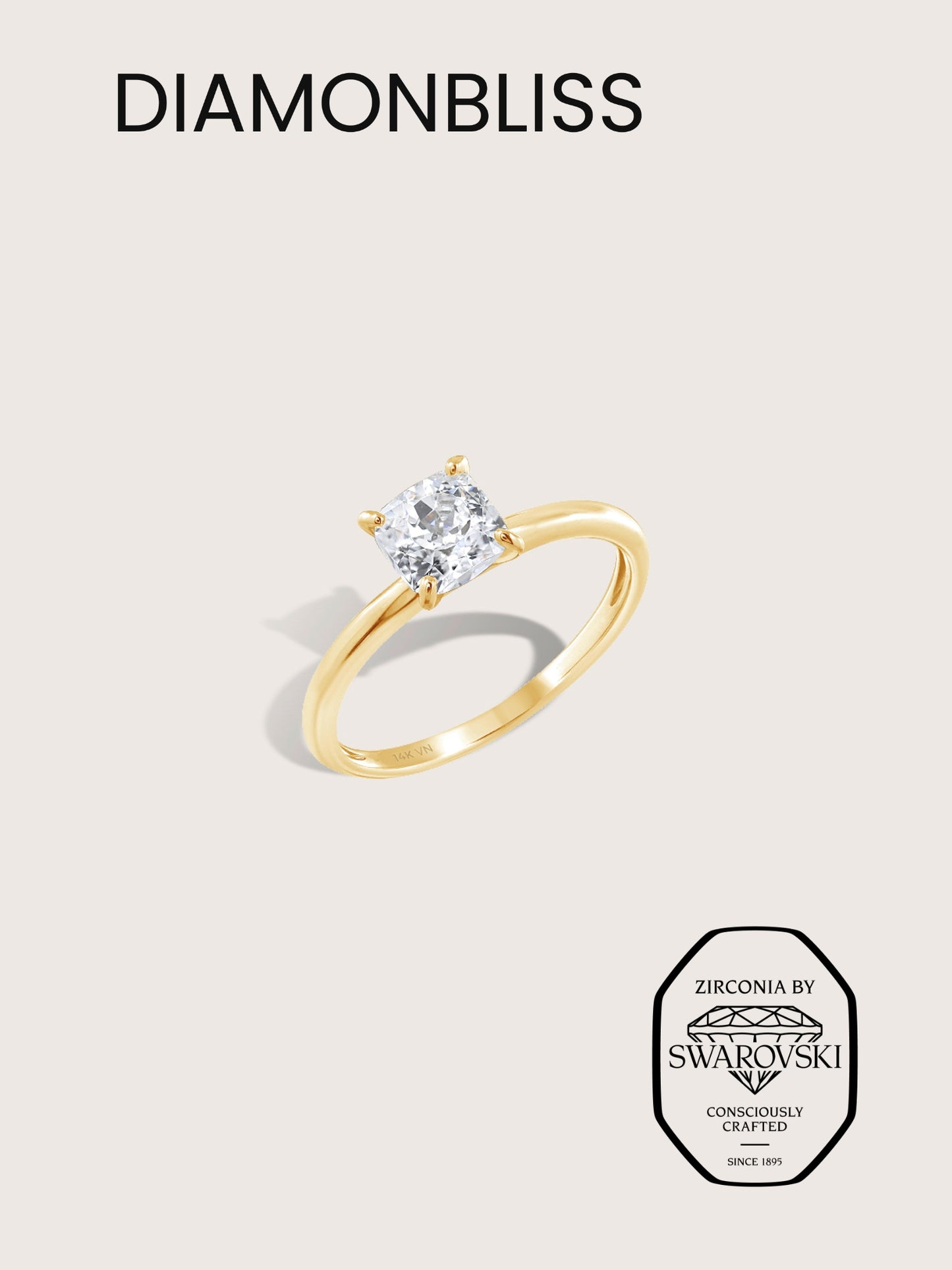 DIAMONBLISS Yellow Gold Plated Sterling Silver Solitaire Princess cut Ring| Embellished with Swarovski® Zirconia| 1 cttw