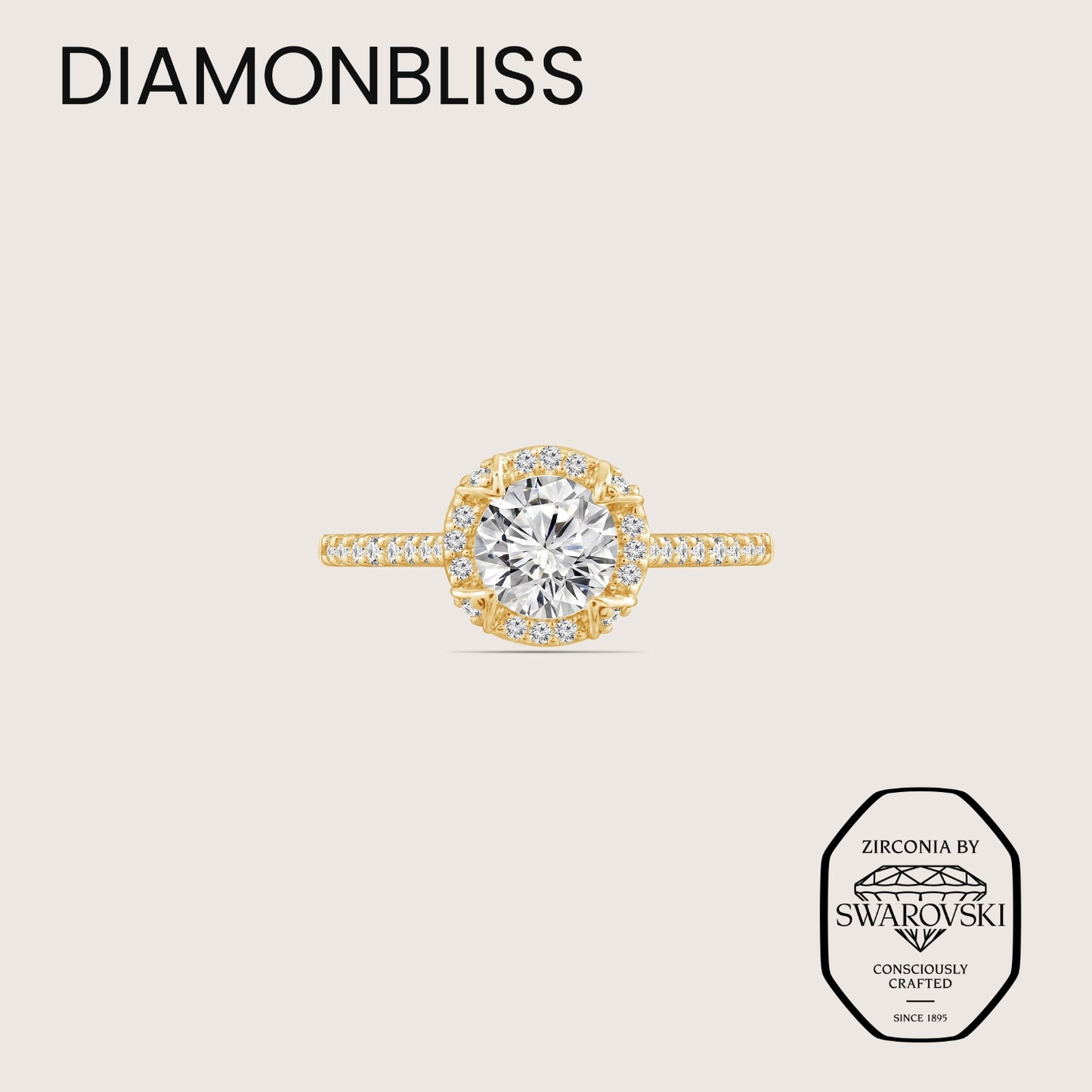 DIAMONBLISS Yellow-tone Brass Round cut Halo Ring| Embellished with Swarovski® Zirconia| 1.5 cttws