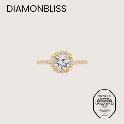 DIAMONBLISS Yellow-tone Brass Round cut Halo Ring| Embellished with Swarovski® Zirconia| 1.5 cttws