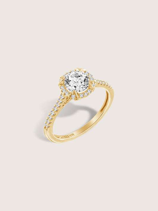 DIAMONBLISS Yellow-tone Brass Round cut Halo Ring| Embellished with Swarovski® Zirconia| 1.5 cttws