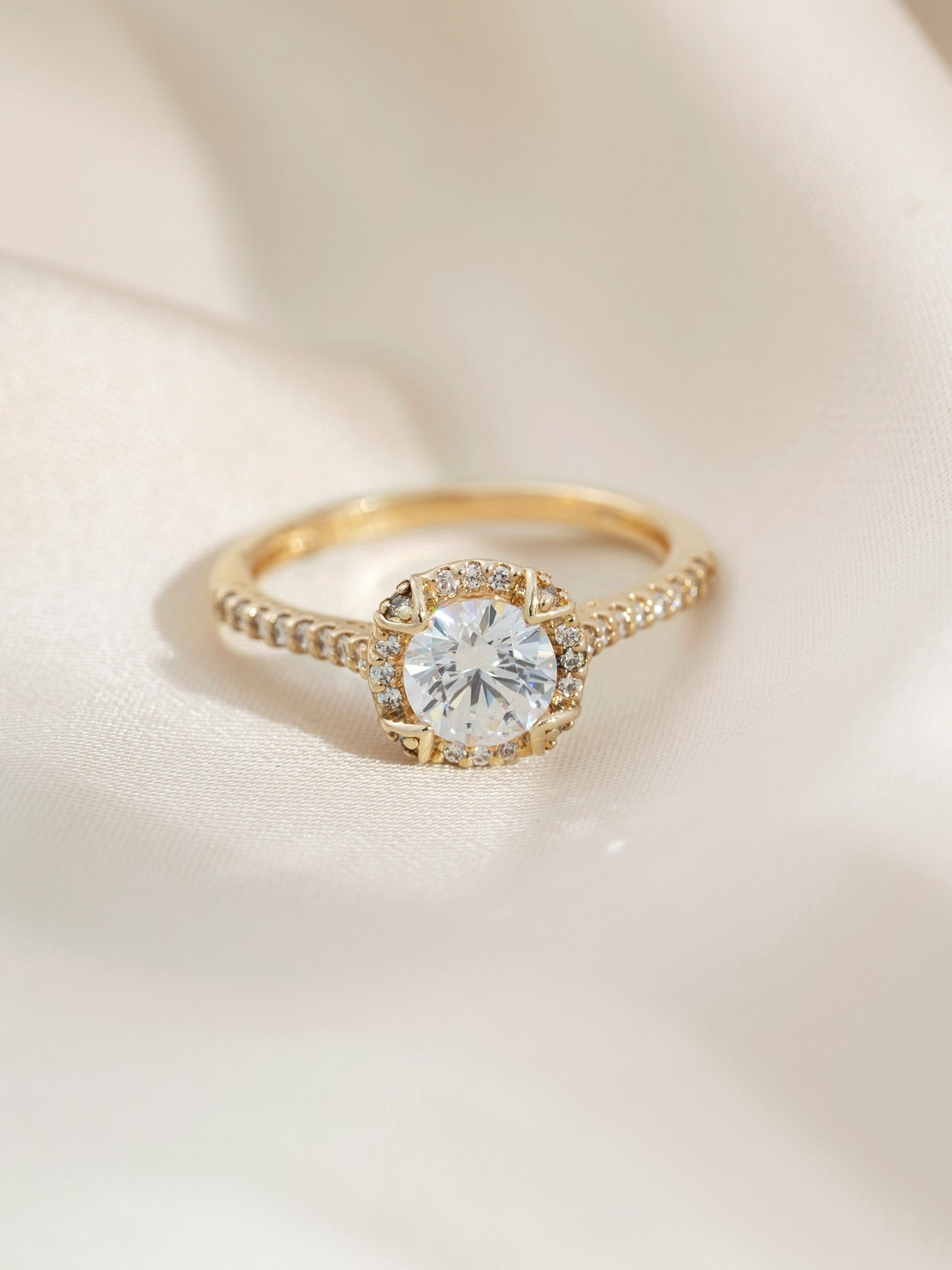 DIAMONBLISS Yellow-tone Brass Round cut Halo Ring| Embellished with Swarovski® Zirconia| 1.5 cttws