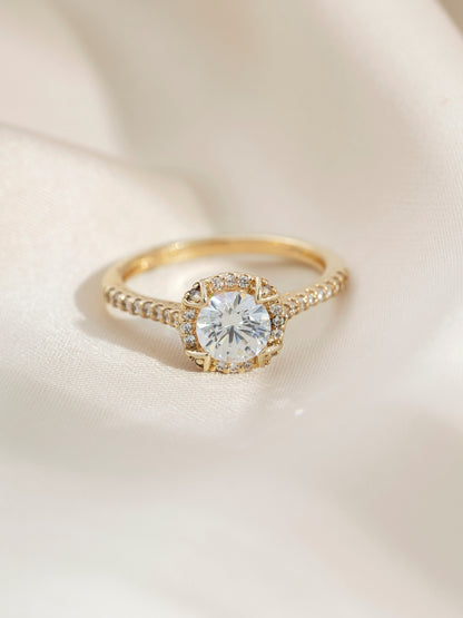 DIAMONBLISS Yellow-tone Brass Round cut Halo Ring| Embellished with Swarovski® Zirconia| 1.5 cttws