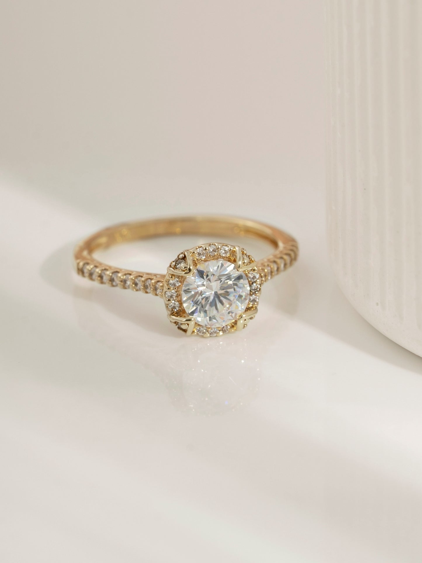 DIAMONBLISS Yellow-tone Brass Round cut Halo Ring| Embellished with Swarovski® Zirconia| 1.5 cttws