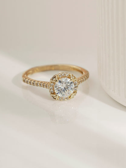 DIAMONBLISS Yellow-tone Brass Round cut Halo Ring| Embellished with Swarovski® Zirconia| 1.5 cttws