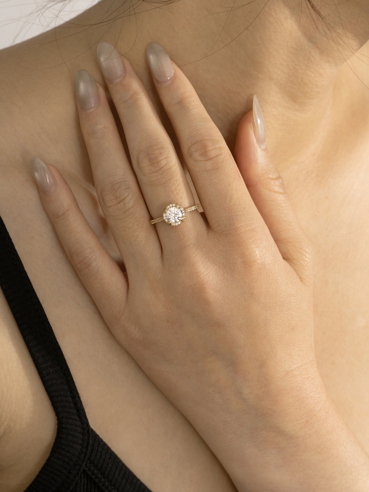 DIAMONBLISS Yellow-tone Brass Round cut Halo Ring| Embellished with Swarovski® Zirconia| 1.5 cttws