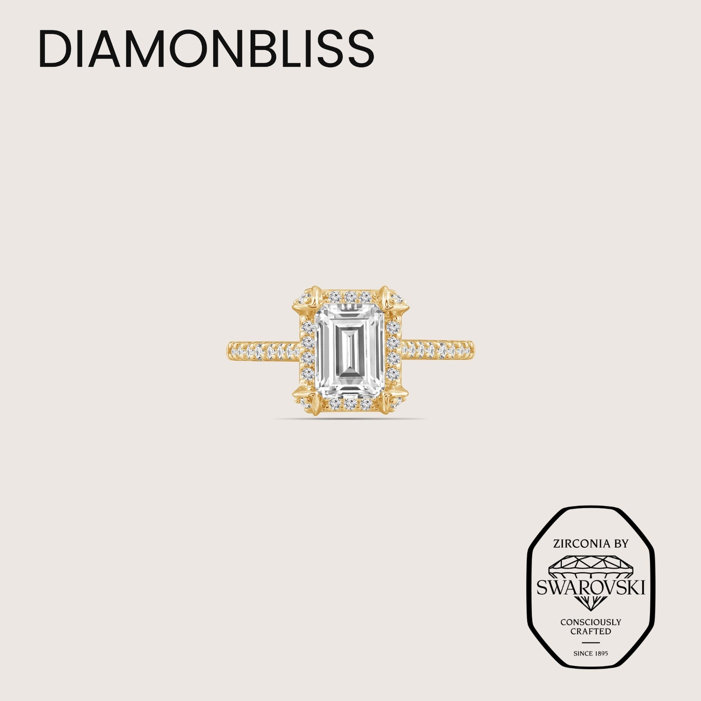 DIAMONBLISS Yellow-tone Brass Emerald cut Halo Ring| Embellished with Swarovski® Zirconia| 1.5 cttws