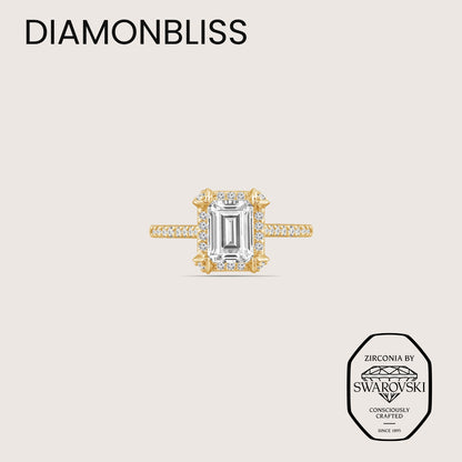 DIAMONBLISS Yellow-tone Brass Emerald cut Halo Ring| Embellished with Swarovski® Zirconia| 1.5 cttws