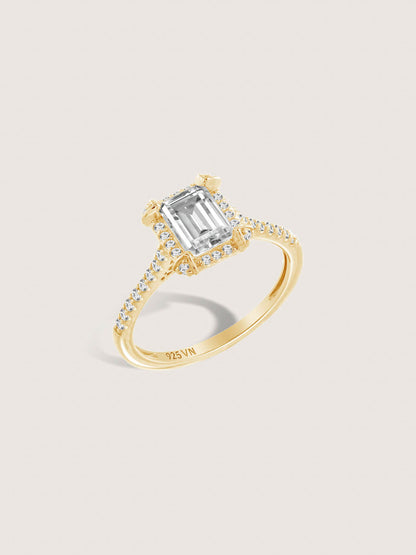 DIAMONBLISS Yellow-tone Brass Emerald cut Halo Ring| Embellished with Swarovski® Zirconia| 1.5 cttws