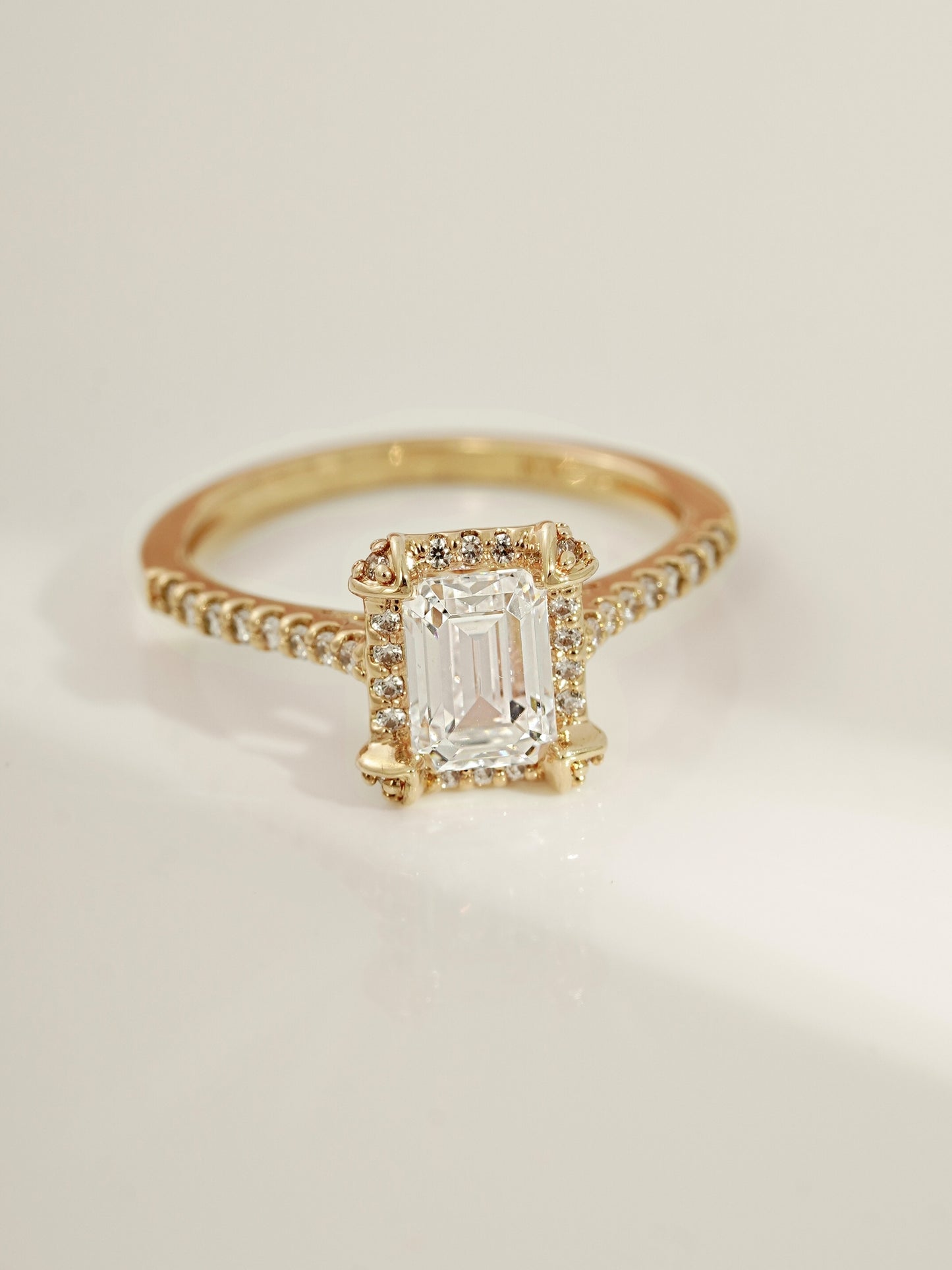 DIAMONBLISS Yellow-tone Brass Emerald cut Halo Ring| Embellished with Swarovski® Zirconia| 1.5 cttws
