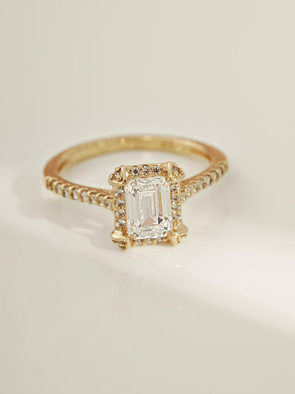 DIAMONBLISS Yellow-tone Brass Emerald cut Halo Ring| Embellished with Swarovski® Zirconia| 1.5 cttws