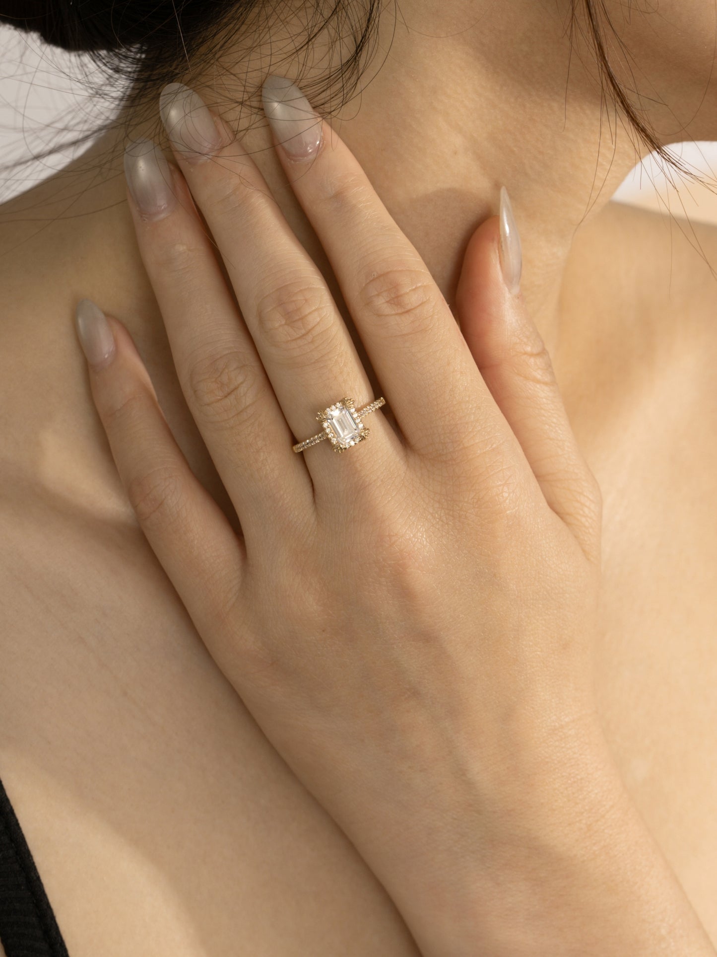 DIAMONBLISS Yellow-tone Brass Emerald cut Halo Ring| Embellished with Swarovski® Zirconia| 1.5 cttws