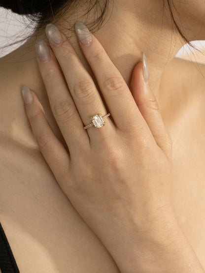 DIAMONBLISS Yellow-tone Brass Emerald cut Halo Ring| Embellished with Swarovski® Zirconia| 1.5 cttws