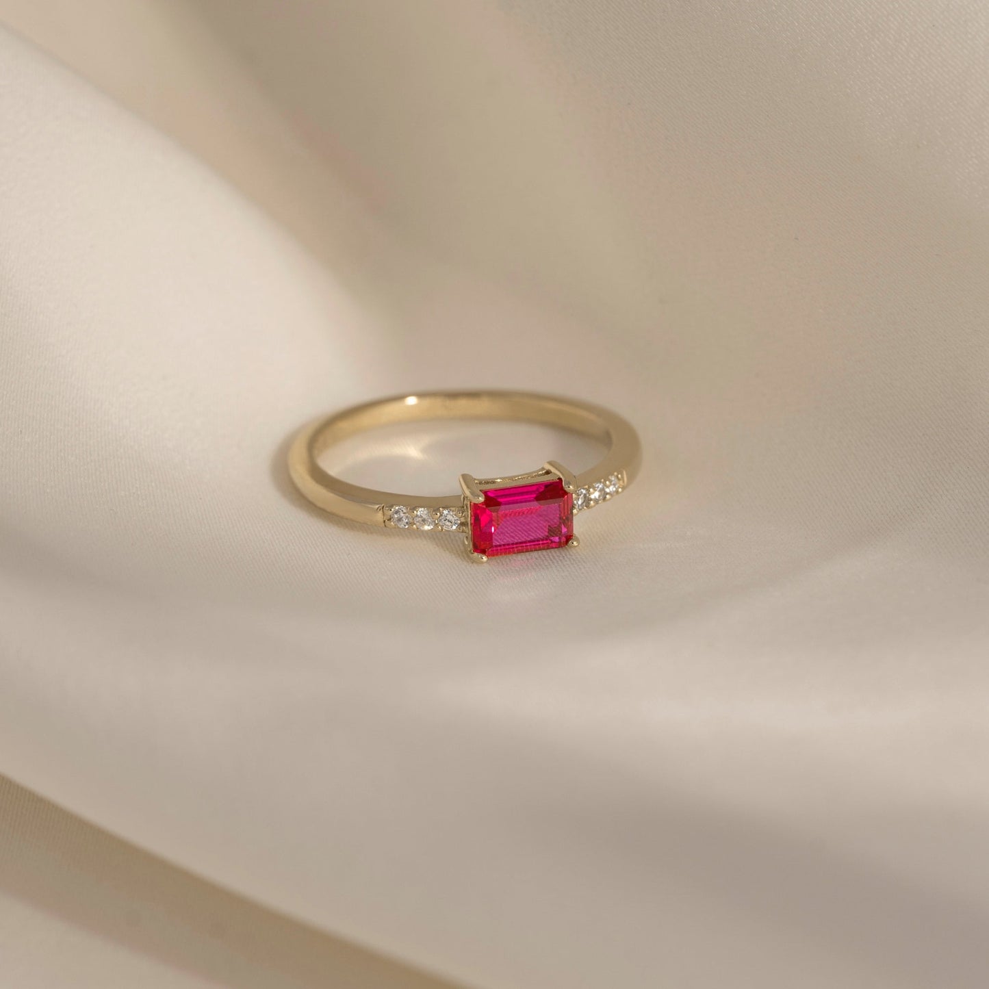 0.5ct Emerald Cut Created Ruby With Lab Grown Diamond Accent Engagement Ring