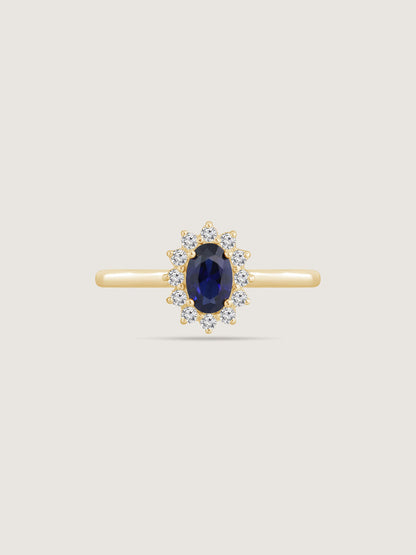 Oval Cut Created Sapphire With Lab Grown Diamond Accent Halo Ring