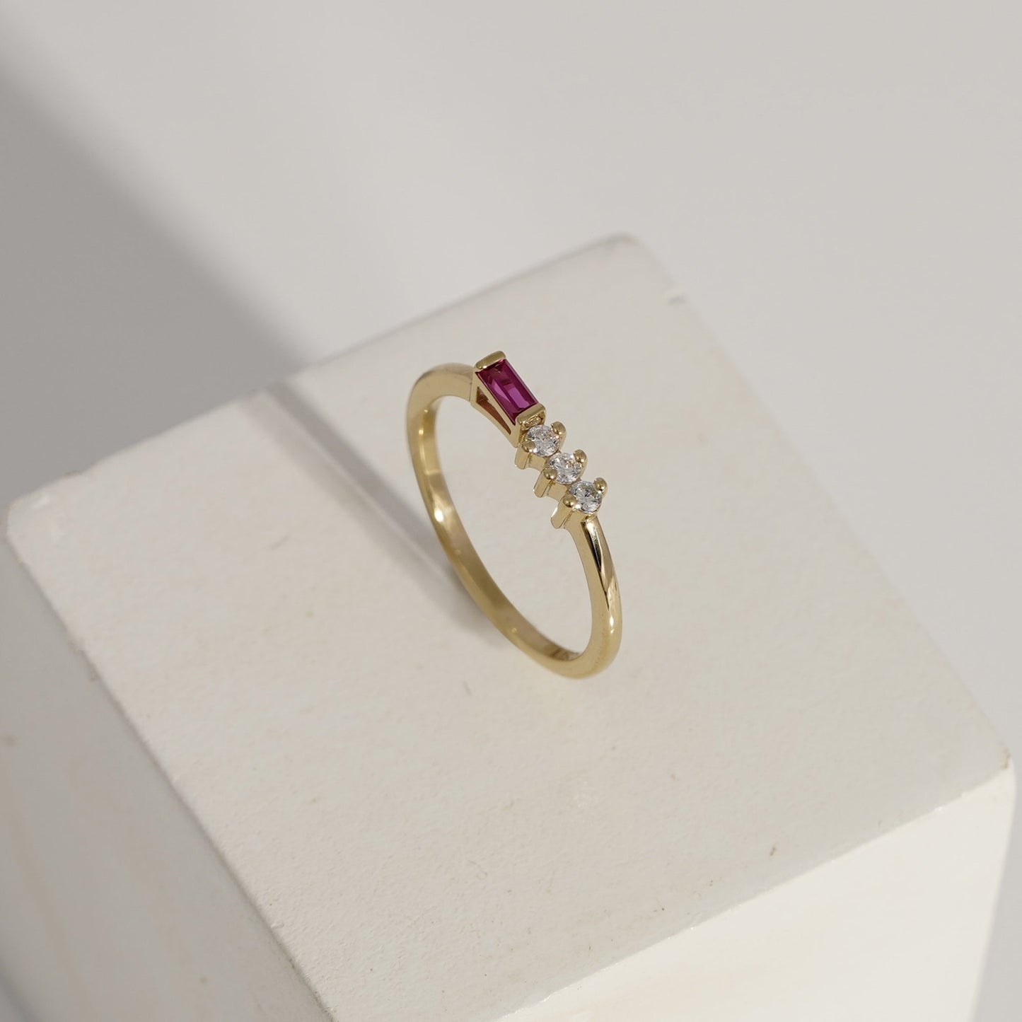 Baguette Cut Created Ruby With Round Lab Grown Diamond Accent Bar Ring