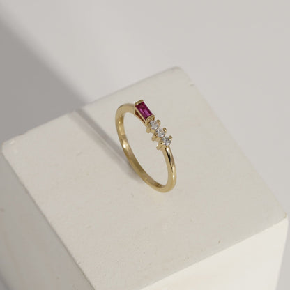 Baguette Cut Created Ruby With Round Lab Grown Diamond Accent Bar Ring