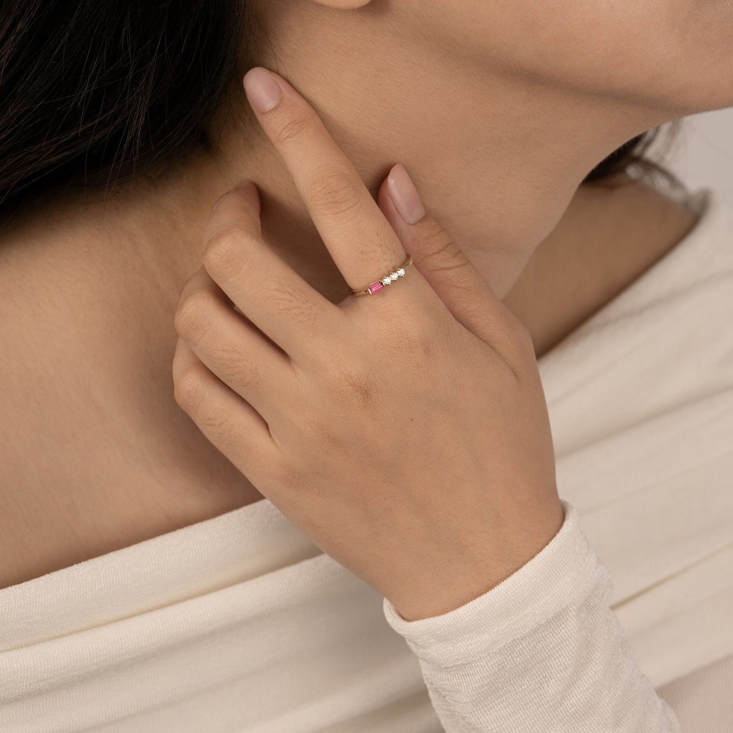 Baguette Cut Created Ruby With Round Lab Grown Diamond Accent Bar Ring