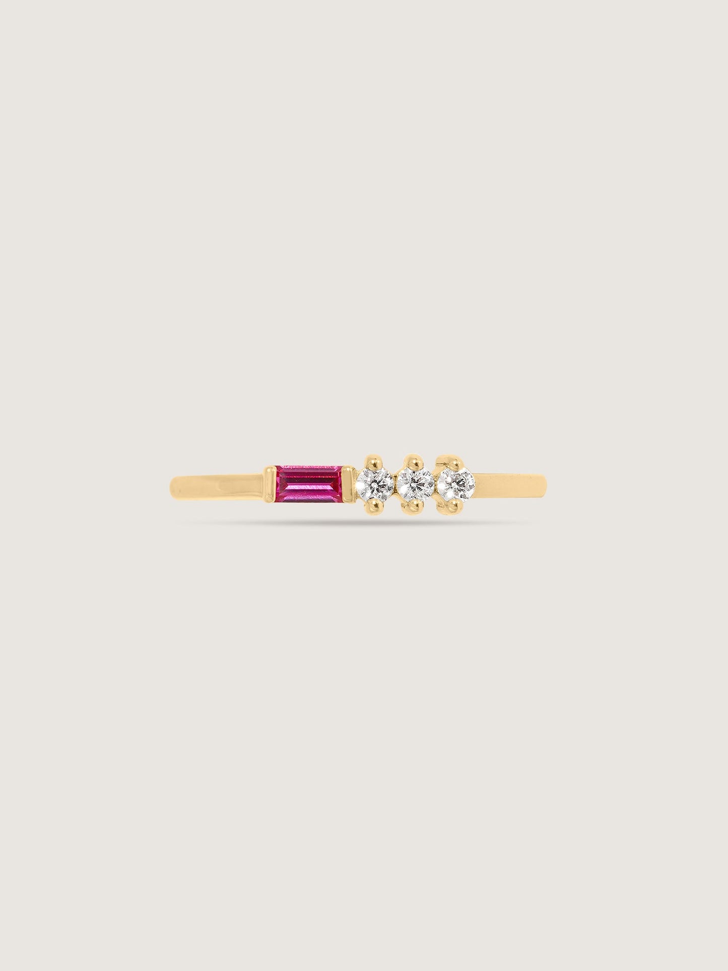 Baguette Cut Created Ruby With Round Lab Grown Diamond Accent Bar Ring