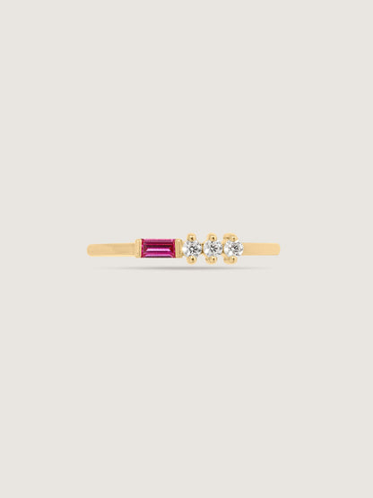 Baguette Cut Created Ruby With Round Lab Grown Diamond Accent Bar Ring