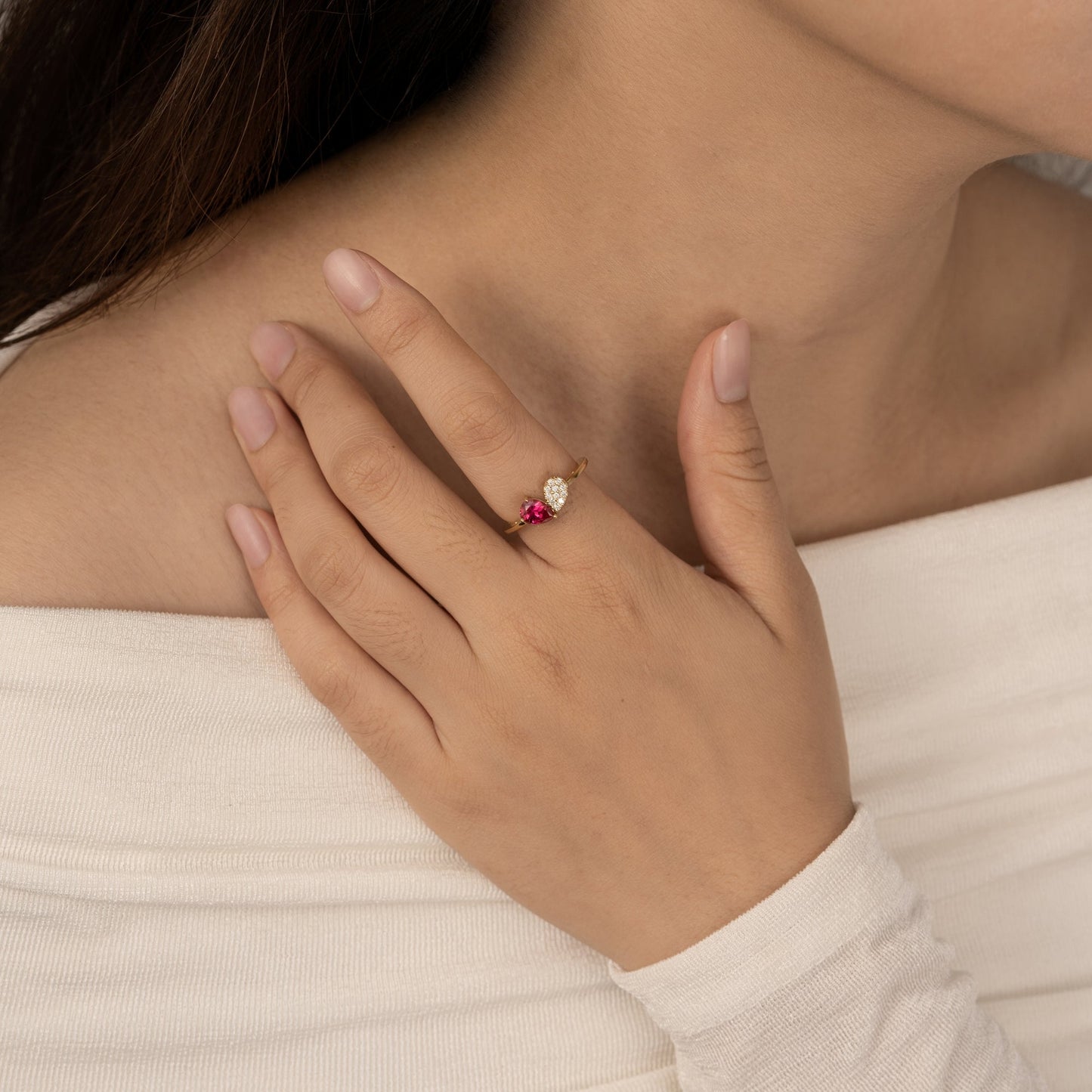 Pear Cut Created Ruby And Pave Lab Grown Diamond Heart Shaped Ring