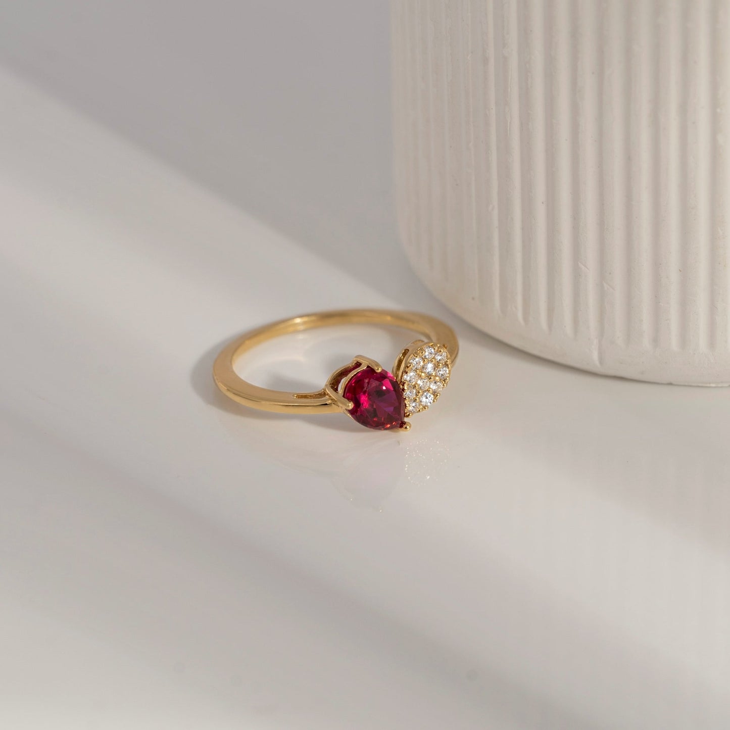Pear Cut Created Ruby And Pave Lab Grown Diamond Heart Shaped Ring