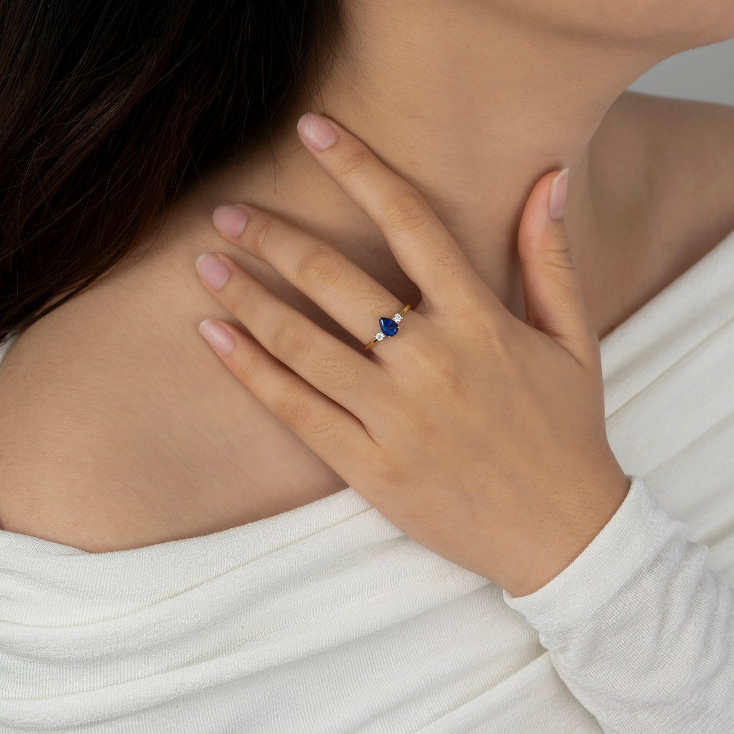 Pear Cut Created Sapphire And Lab Grown Diamond Three Stones Ring