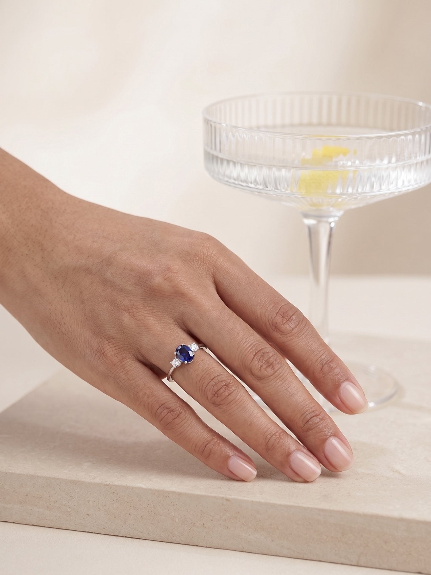 Oval Cut Created Sapphire And Lab Grown Diamond Three Stones Ring