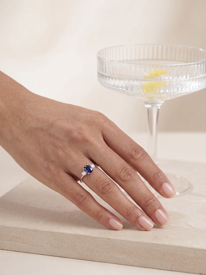 Oval Cut Created Sapphire And Lab Grown Diamond Three Stones Ring
